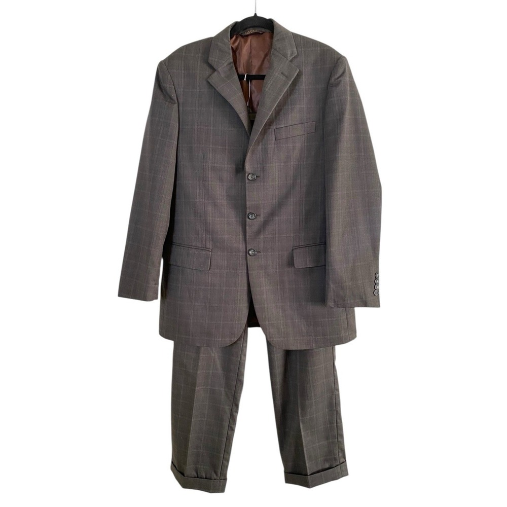 Caravelli Italy Mens Taupe Plaid Suit Blazer 40R Pants 34 x 28 Pleated Cuffed